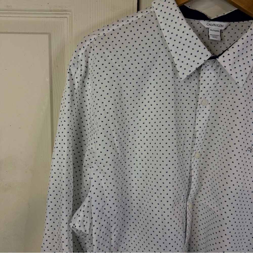 Calvin Klein Men’s Dress Shirt XXL White Blue Mini Geo Print Long Sleeve - Picture 7 of 12